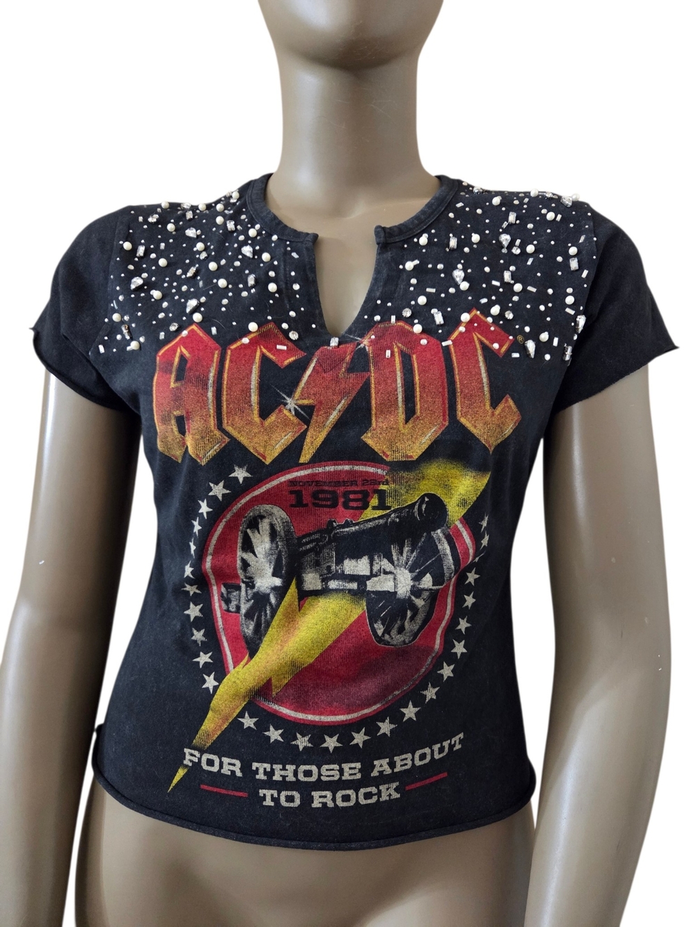 AC/DC Rhinestone Notch Neck TShirt LG Dark Wash Charcoal For Those About To Rock - Picture 2 of 16